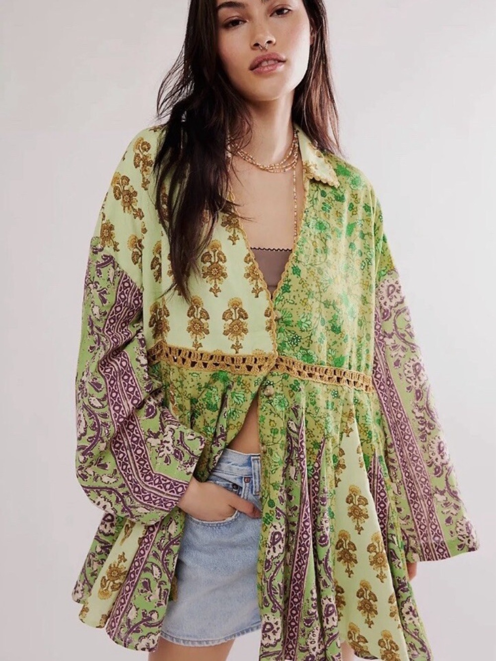 Free People Hazy Baby Printed Mini Dress XS Sweet Mint Boho Cotton Linen $198